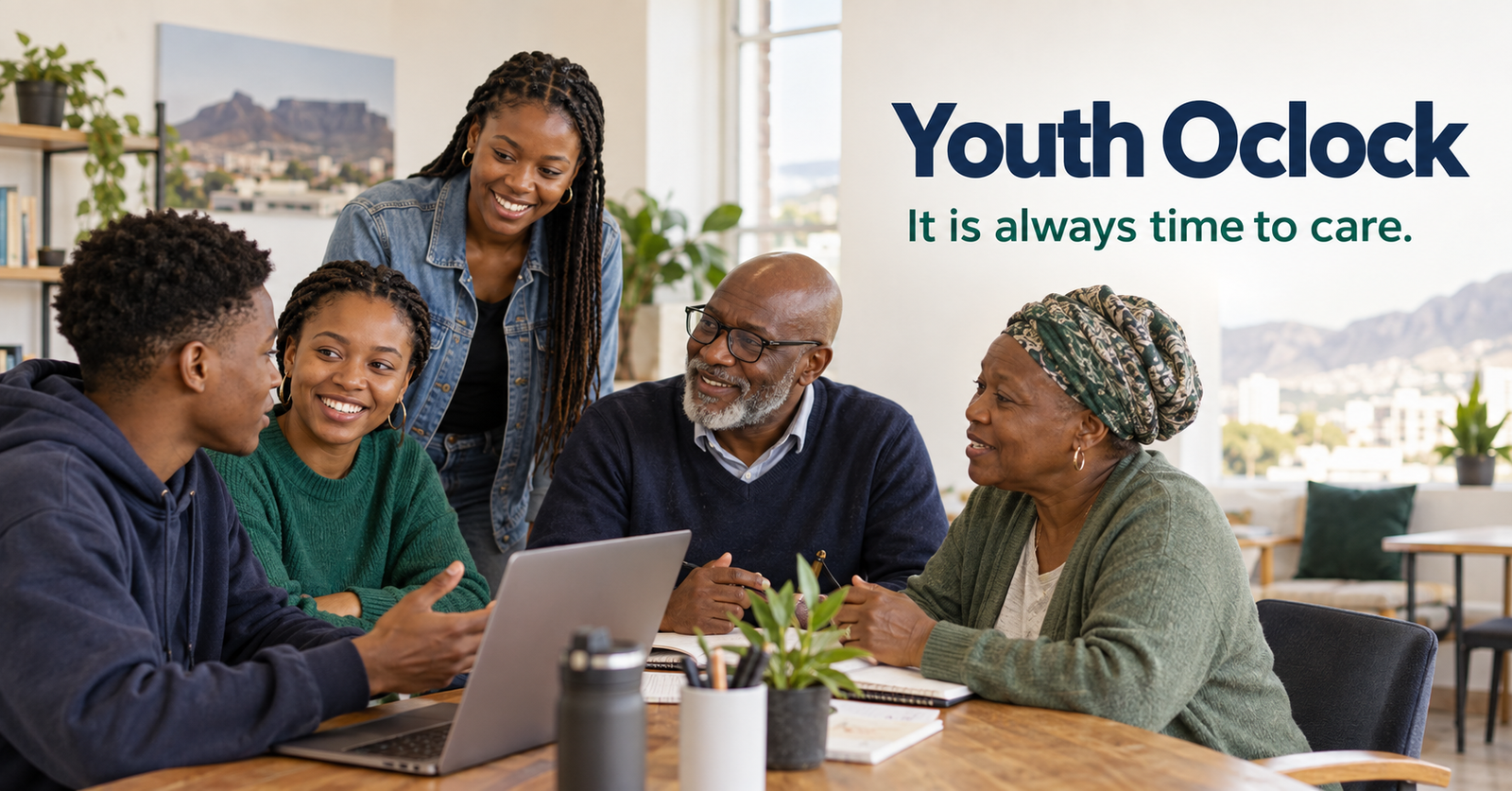 Illustrative scene of young people and older adults sharing ideas around a table